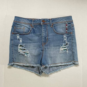Wild Pearl Distressed Frayed Edge High-Waist Colorful Pockets Denim Shorts Sz 28